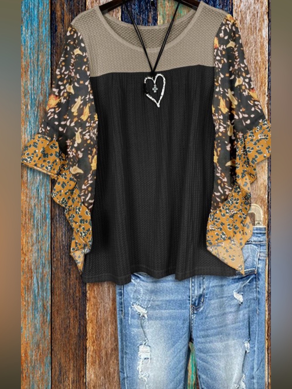 NWT Waffle Yoke Black & Tan Tunic w Floral sheer Sleeves/Brown/Black Ladies 3XL